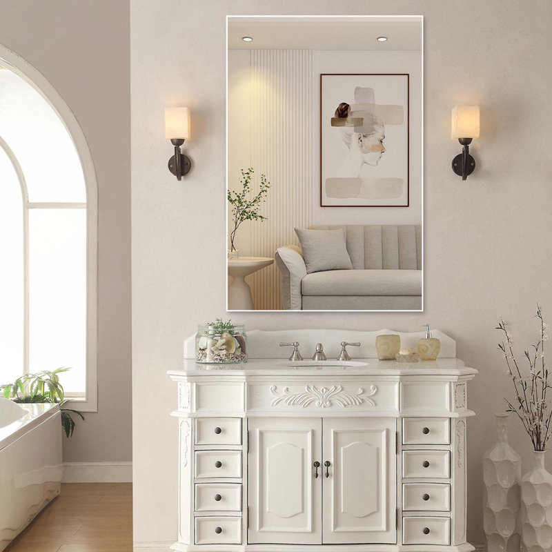 Oversized Vertical Horizontal Hanging Aluminum Framed Bathroom Wall Mount Mirror For Bedroom, Living Room, White, 32" x 48"