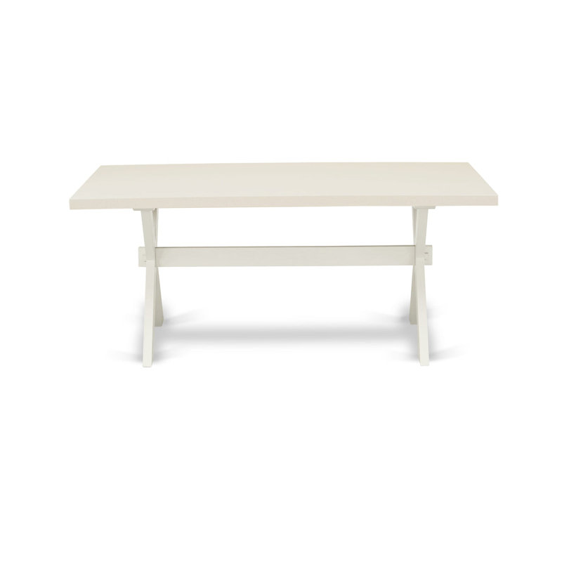 Ensemble de salle à manger 9 pièces comprenant une table rectangulaire à pattes en X et 8 chaises Parson rembourrées en lin bleu ciel et blanc.