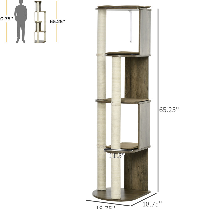 Tour pour chat d'angle à plusieurs niveaux, hauteur de 65 po avec quatre zones de sieste, perchoirs rembourrés, structure à haute stabilité, brun muscade, détente nécessaire