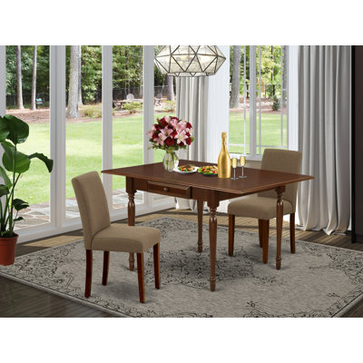 3 Piece Dinette Set for Small Spaces Contains a Rectangle Dining Table with Dropleaf and 2 Coffee Linen Fabric Upholstered Chairs, 36x54 Inch, Mahogany