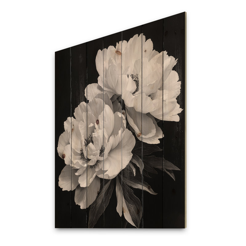 Pivoines monochromes avec veines foncées I - art mural en bois pivoines - sur bois de pin naturel