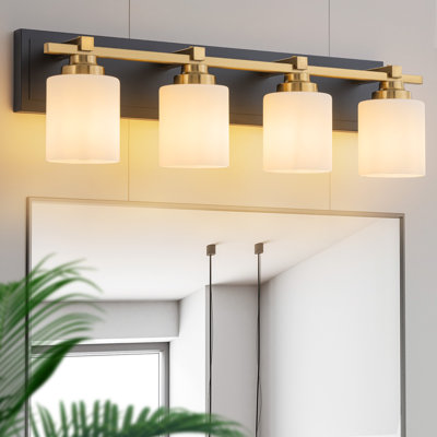 4 Light Modern Bathroom Light Fixtures Over Mirror, Black Gold Vanity Lights Milky White Glass Shades, E26 Socket (Bulbs Not Included)
