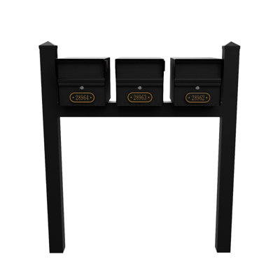 Package: Triple Mount MailVault Mailbox Rack /w/ Pyramid Caps & Personalized Door Plaques (3 Mailboxes, Tri-Mount Rack /w/ MV Hardware, 3 Door Plaques)