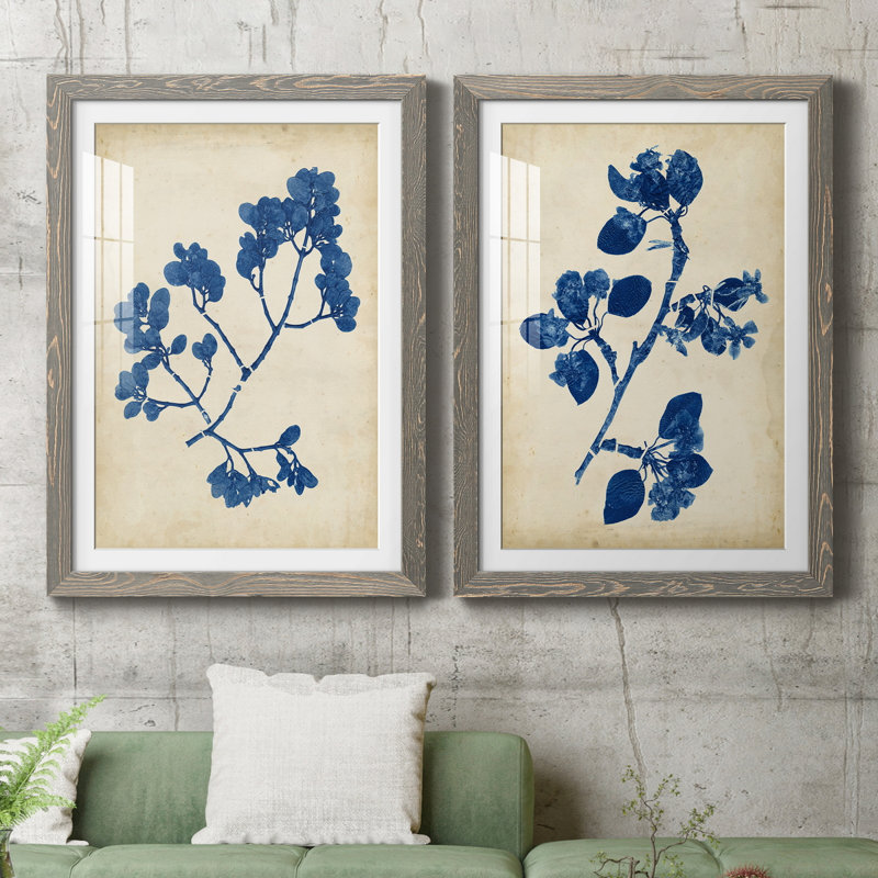 Indigo Leaf Study II, H 31,5 po x l 47 po x P 1,5 po, Cadre en papier gris, Blanc
