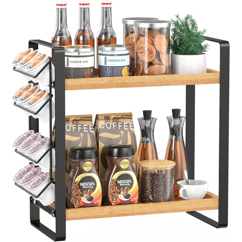 Coffee Station Organizer For Counter,Condiment Storage Caddy For Kitchen,2 Tier Wooden Shelf For Coffee Bar Accessories,Coffee Bar Organizer For Kitchen, Home, Office-Brown