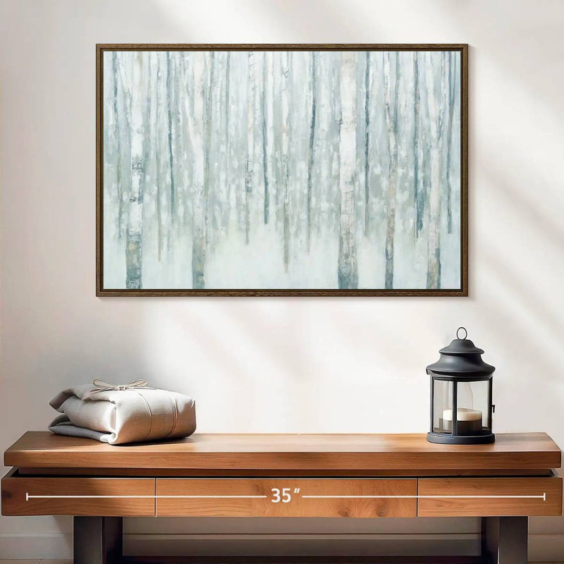 Bouleaux en bleu-gris d'hiver, 25 po x 17 po, Cadre flottant en noyer