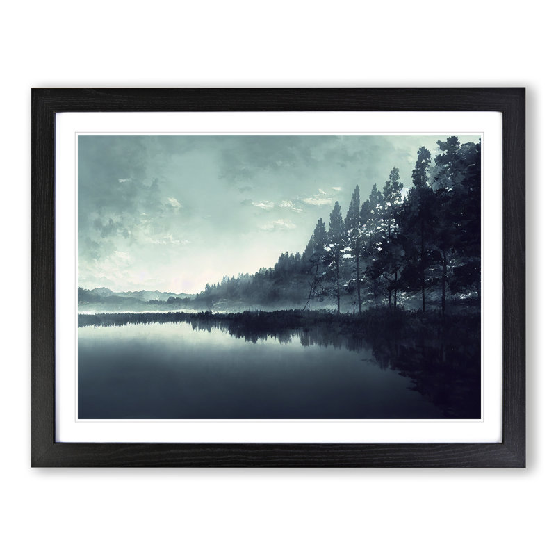 Misty Forest Lake View - Single Picture Frame Print, 46cm H x 64cm W, Black Framed