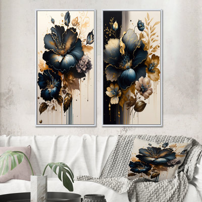 «Bleu foncé et hibiscus doré», 2 pièces sur toile