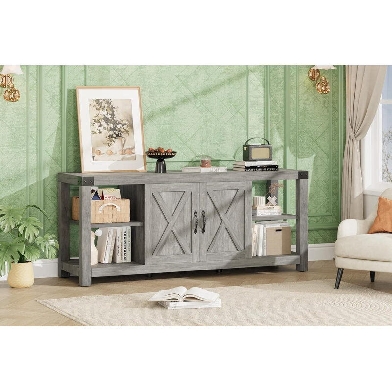 60" Farmhouse TV Stand for 65" TV, Media Console with Storage, Grey, Gray