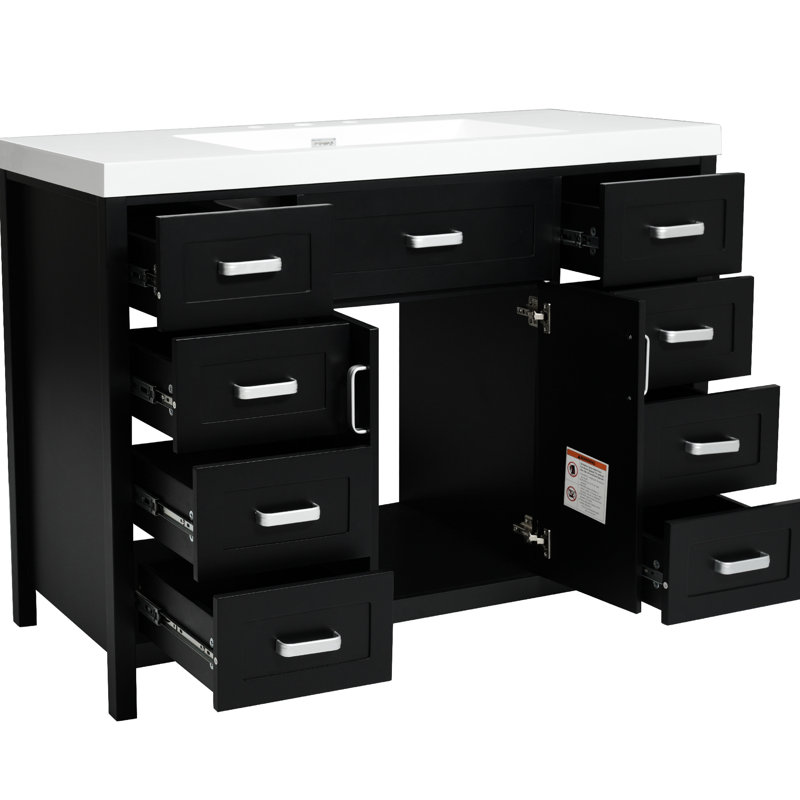 Meuble-lavabo 48 po noir, lavabo inclus, 2 portes à fermeture en douceur, 8 tiroirs et structure en pin, plateau en résine, poignées en aluminium, dispositif de basculement, pieds réglables pour une armoire de taille moyenne, fermeture