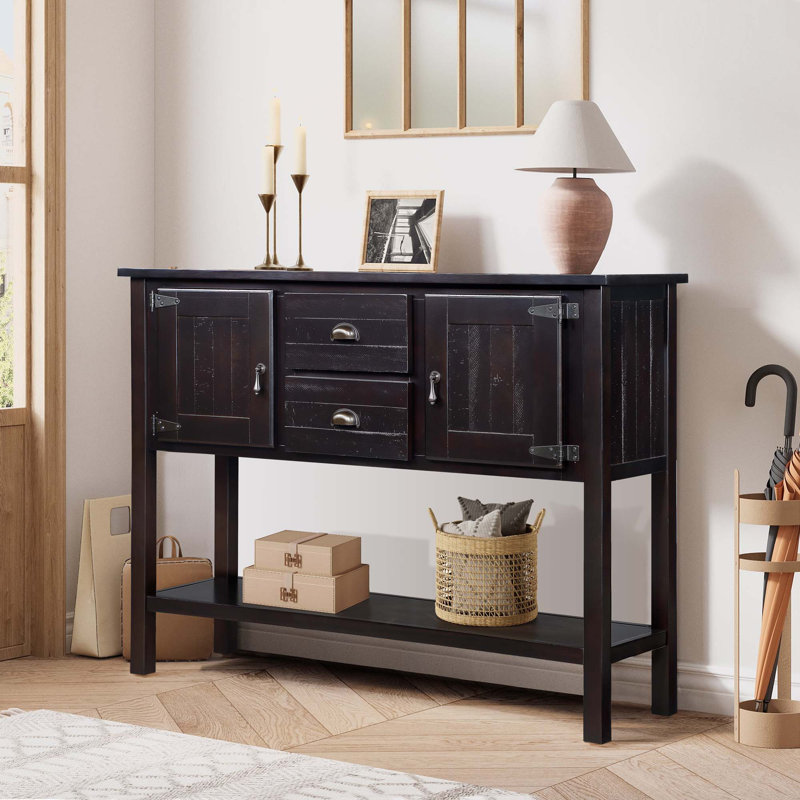 Élégante console en bois massif avec beaucoup de rangement pour le salon, la cuisine et la salle à manger, Espresso