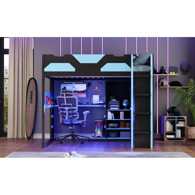 Lit mezzanine double en bois pleine grandeur avec bureau, tablettes multiples, charge USB et lumière RVB pour une vie moderne