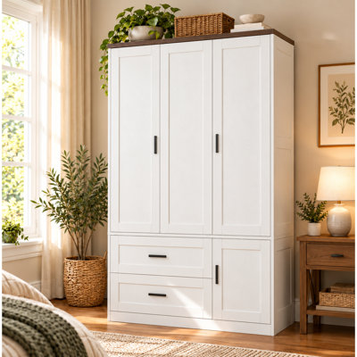 Garde-robe autoportant à 3 portes avec tiroirs et tablettes réglables Kenn, blanc, H 70,6 po