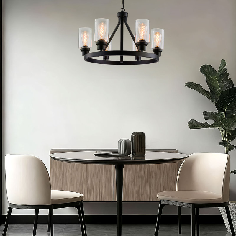 Modern 6-Light Black Chandelier, Vintage Metal Farmhouse Ceiling Pendant Light Fixture with Glass Shade, for Bedroom Hallway Kitchen