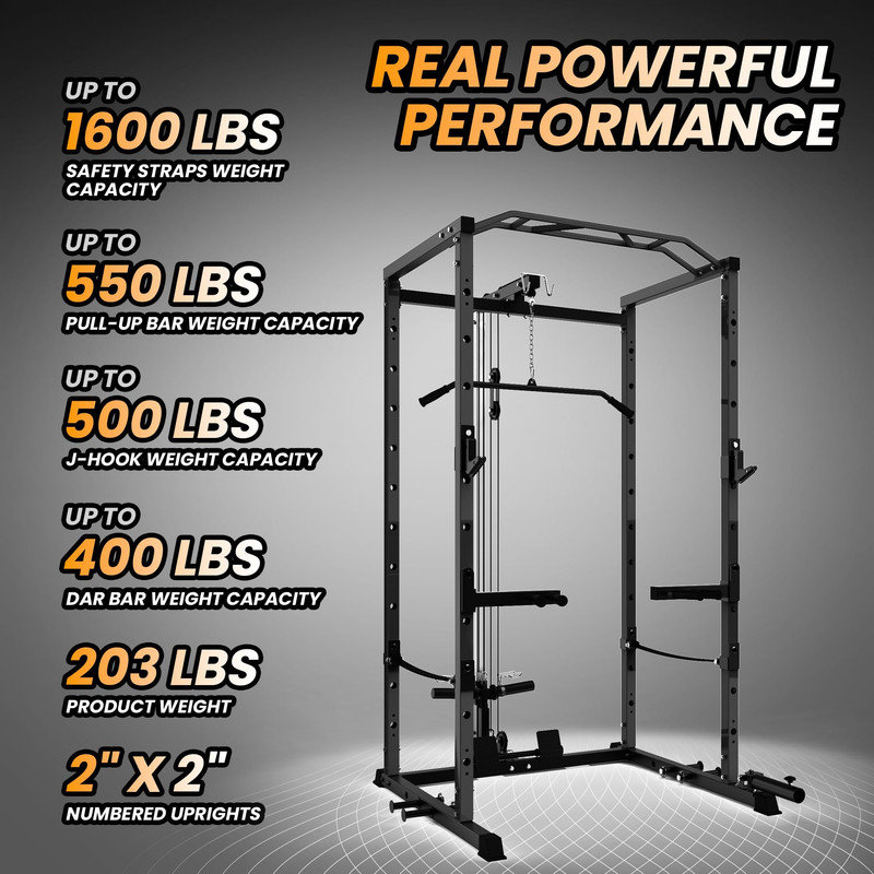 Râtelier électrique de 1 600 lb avec LAT Pulldown - Cage de gymnastique à la maison multifonctionnelle, station de squat et de banc, système Dip Bar et poulie inclus - NOIR
