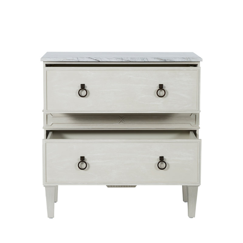 Archie 2 - Drawer Solid Wood Nightstand in Cerused White/Agros White Stone/Antique Bronze