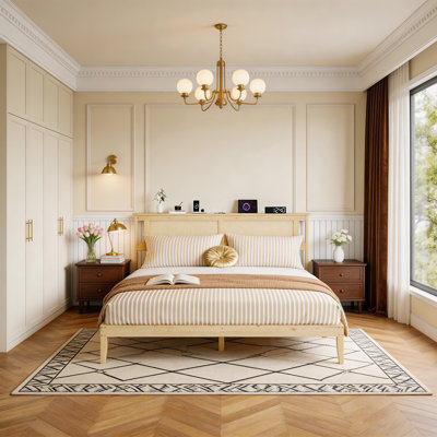 Boho Platform Bed Frame With Rattan Headboard With Charging Station And Underbed Storage King Size
