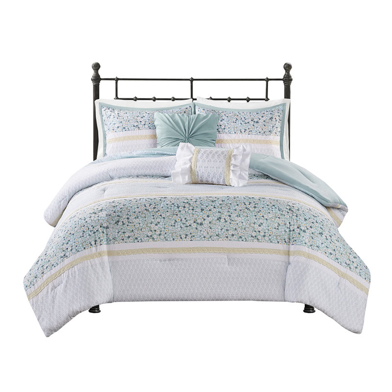 Literie en seersucker double / grand avec coussins décoratifs - Shabby chic en édredon imprimé floral de style jaune et bleu