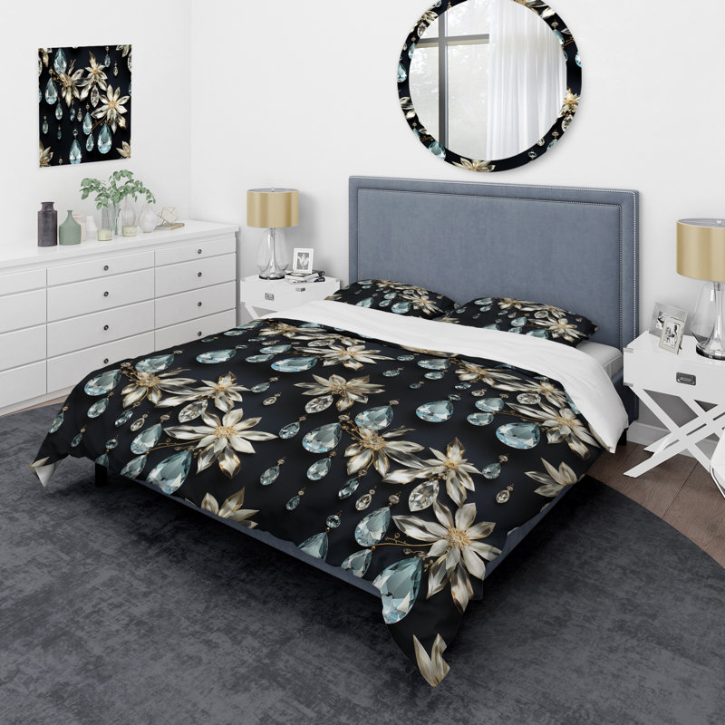 Crystal Chandelier Elegance Pattern Box Stitch Floral Duvet Cover, Queen Duvet Cover + 2 Standard Shams