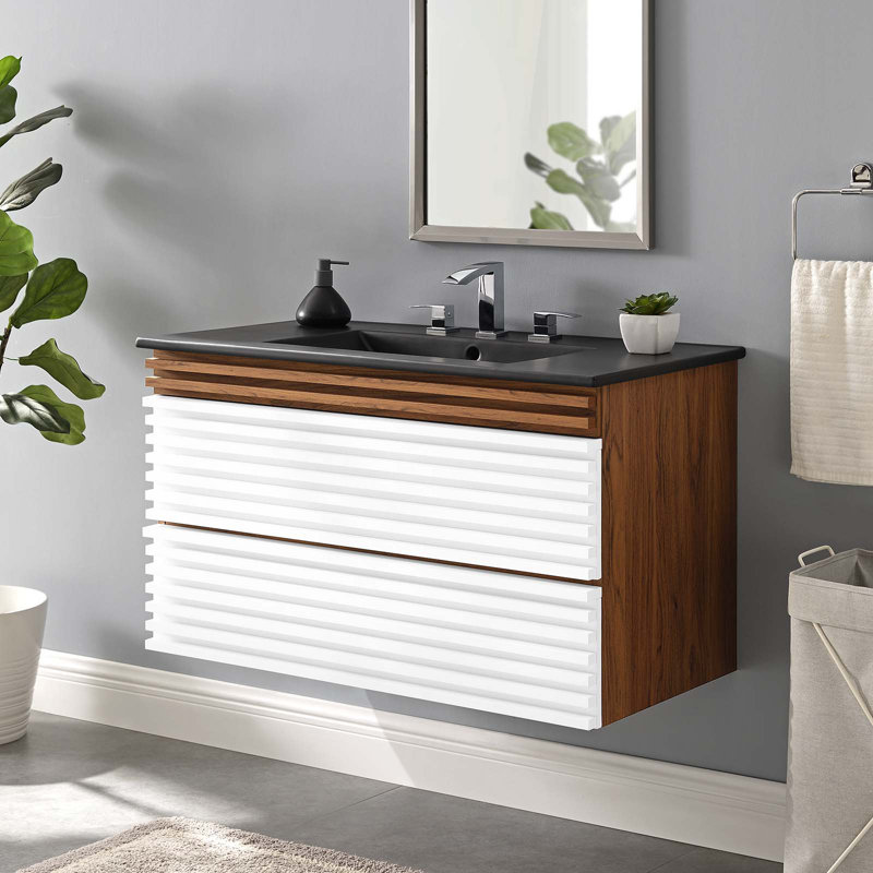 Modway Render 36" Wall-Mount Bathroom Vanity, White/Walnut/Black