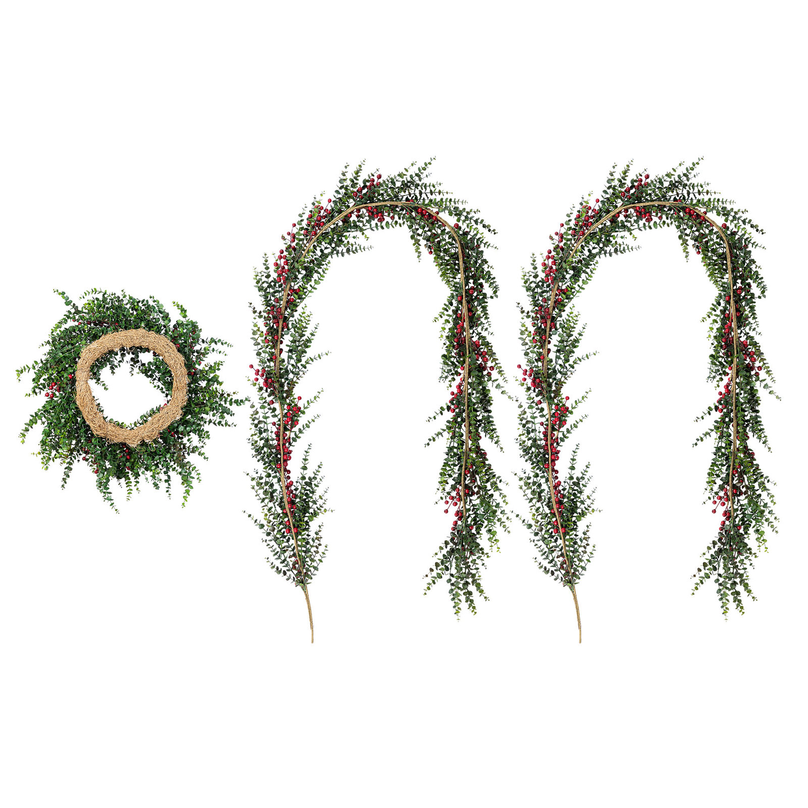 3-Piece 28"D Christmas Greenery PE Dripping Eucalyptus Wreath And 9Ft Garland Set