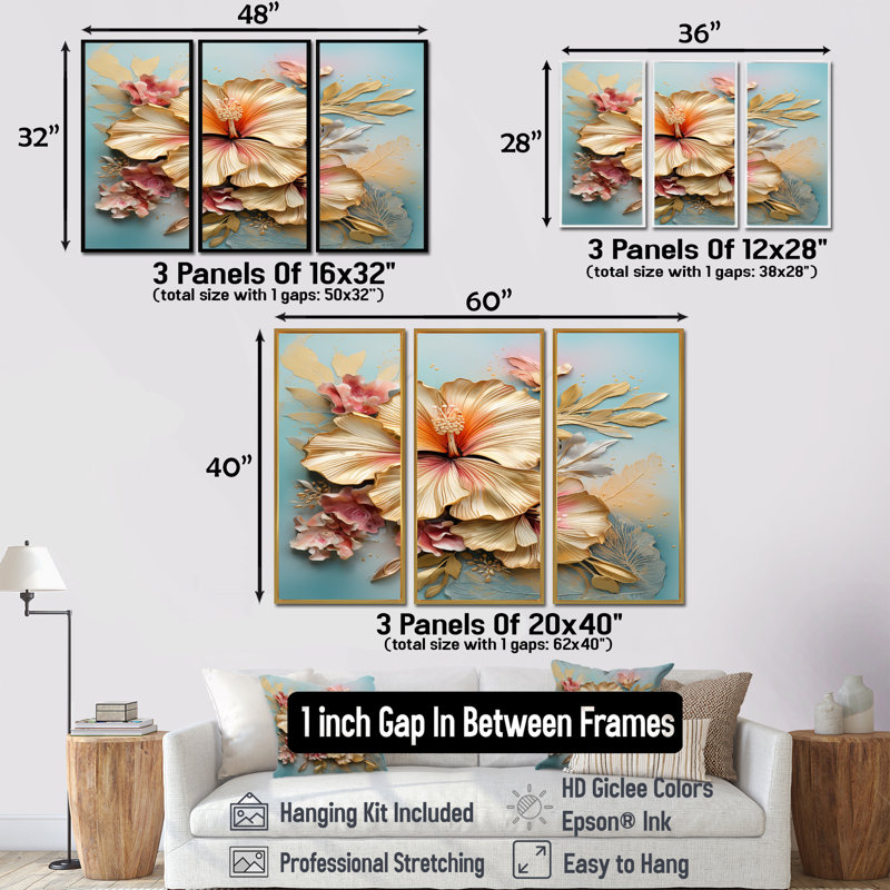 Ensemble de salon Adams - Hibiscus Wall Art, Cadre flottant noir, H 32 po x l 48 po x P 1 po