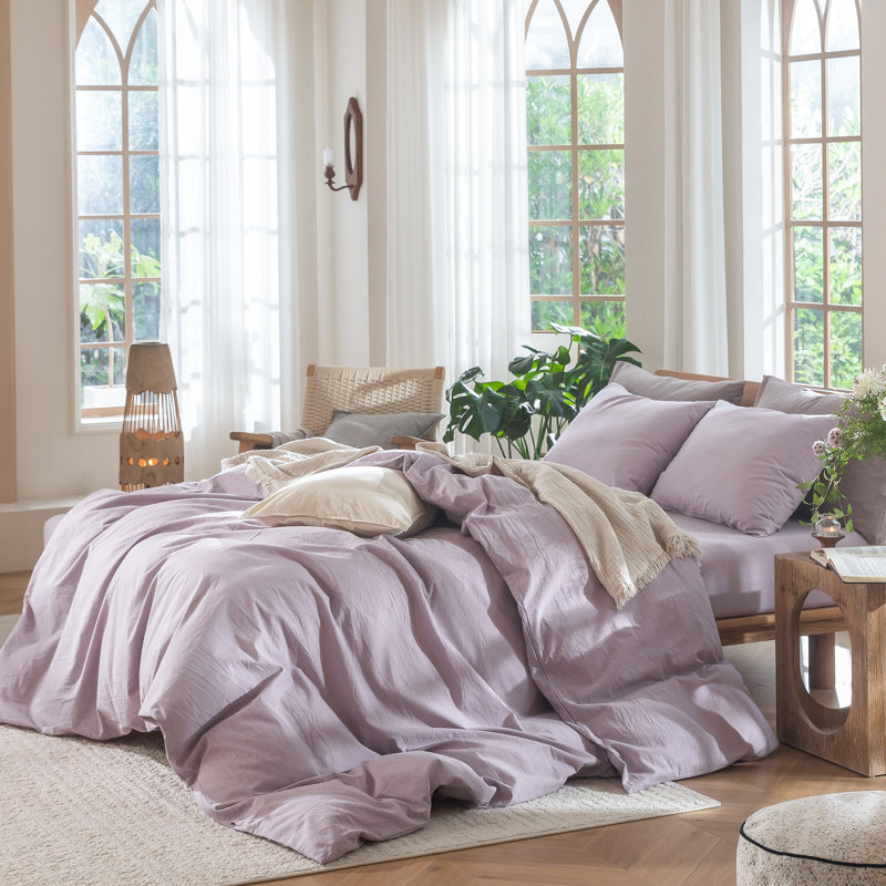 MooMee Lightweight Duvet Cover Set with Zipper Closure 8 Ties 100% Washed Cotton Linen Like Textured Soft Breathable All-Season