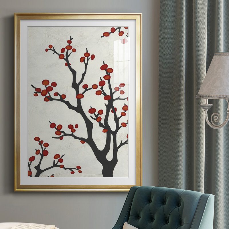«Red Berry Branch II», reproduction encadrée de qualité supérieure - prête à être accrochée, Cadre doré