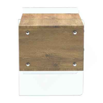 Table de chevet à double tiroir. La surface de la planche est avec un autocollant de grain de bois et les deux côtés sont en verre trempé. La conception est simple et élégante, avec d'excellentes fonctions de rangement