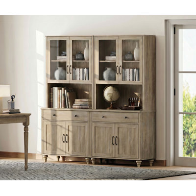 Bibliothèque Corretta 183 cm (H) x 173 cm (L) avec portes et tiroirs, grande bibliothèque de style campagnard avec meuble bar pour salon, chambre, bureau ou cuisine, gris délavé