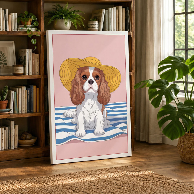 Spaniel in Straw Hat Modern 1 Piece Wrapped Canvas Wall Art, 30x20 - 76.2 x 50.8 cm, Terracotta Border