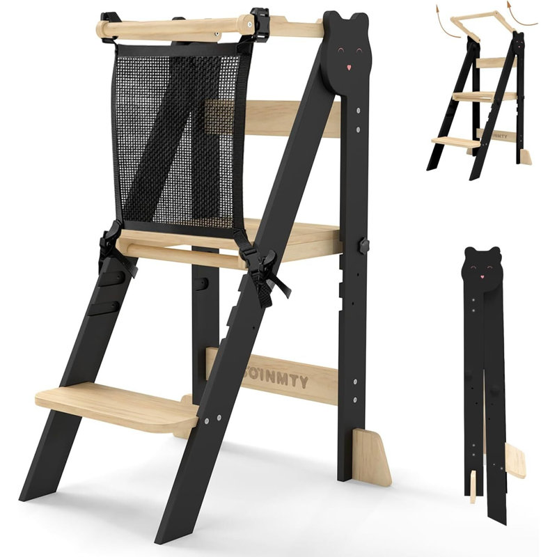 Tabouret de cuisine pliable pour tout-petit avec 3 hauteurs réglables et structure anti-basculement, Noir