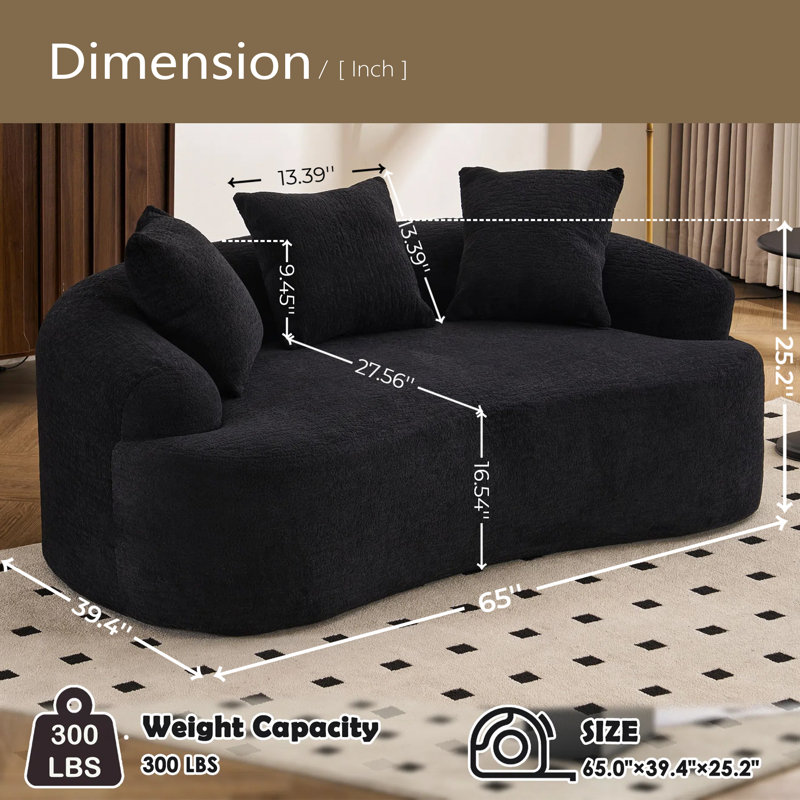 Canapé courbé en éponge à compression complète, canapé compact en chenille 30D sans assemblage pour petits espaces et appartements, L 65 po, 300 lb, 3 coussins