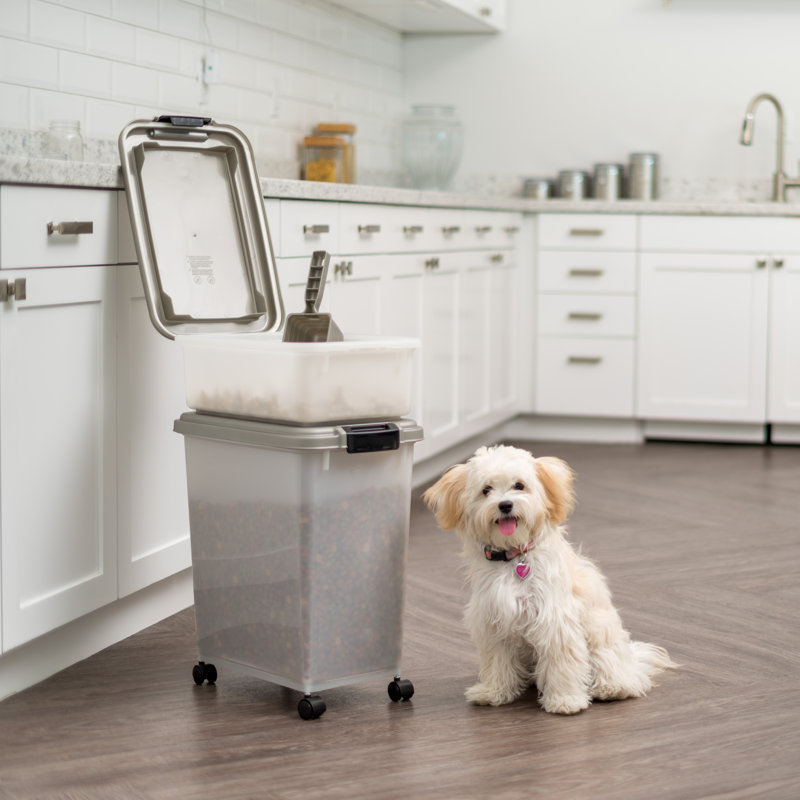 Gray Plastic Airtight Pet Food Storage Container Combo with Scoop and Casters