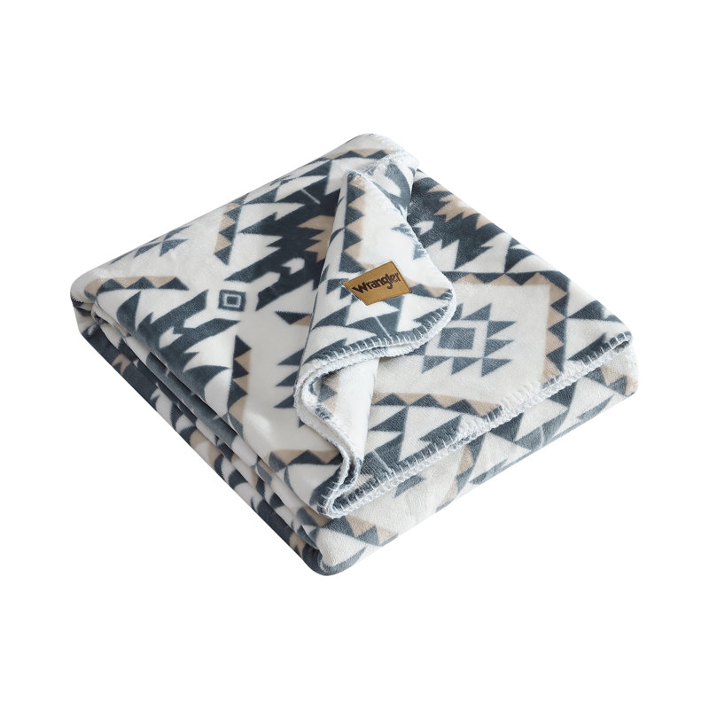 Wrangler Nash Stripe Plush Reversible Blanket, King, Gray Geometric