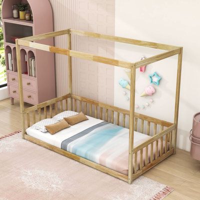 Wood Canopy Floor Bed With Guardrails
