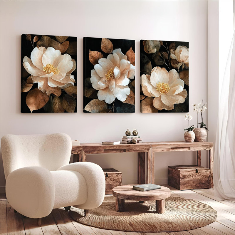 Élégant tableau mural floral sur toile tendue (ensemble de 3), H 18 po x l 36 po