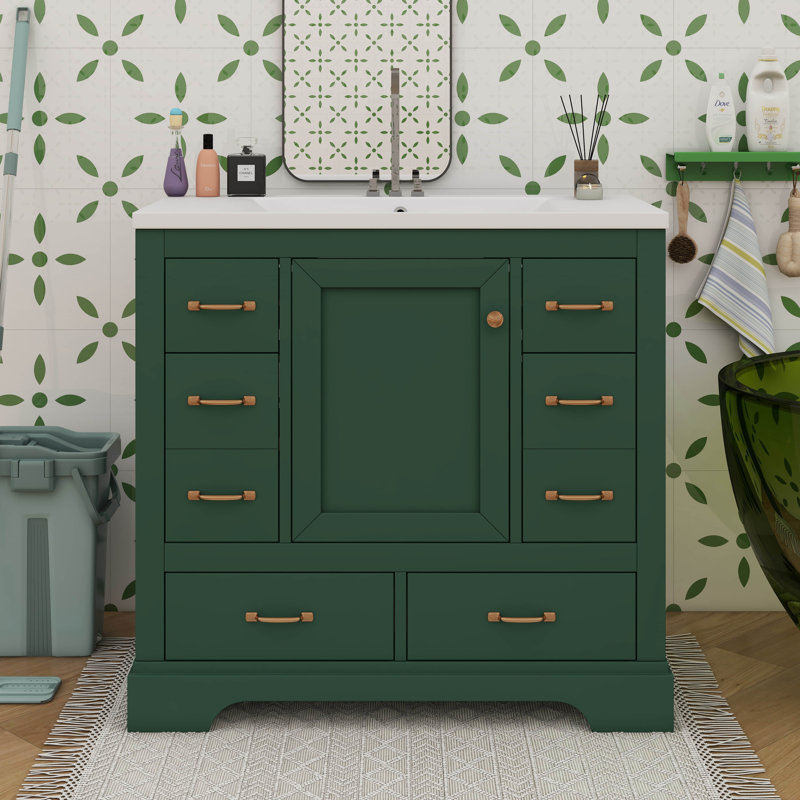 Ensemble de meuble-lavabo 36 po avec lavabo 36 po, six tiroirs, séparateur de tiroir polyvalent, Vert