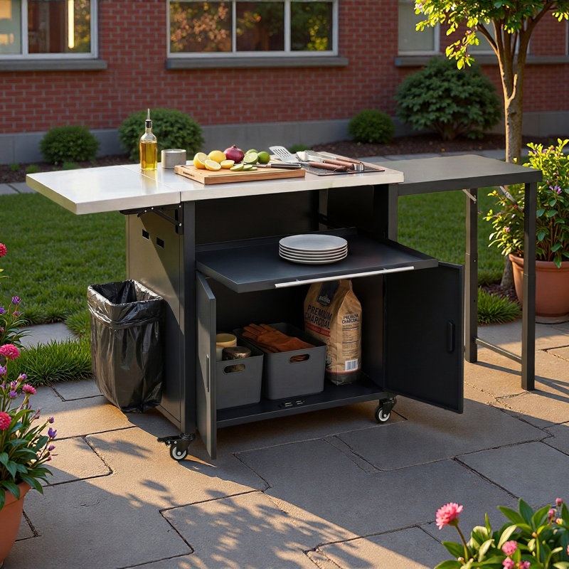 Chariot pour îlot de cuisine pour l'extérieur avec support à déchets, plateau pliable, panneau Lron extensible et espace de rangement