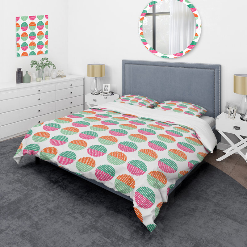 Motif de cercles roses et verts - Ensemble de housse de couette abstrait - Microfibre de polyester