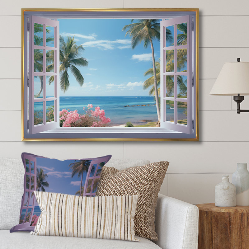 Vue sur l'océan tropical à travers une fenêtre blanche ouverte - art mural sur toile côtière, H 16 po x l 32 po x P 1 po