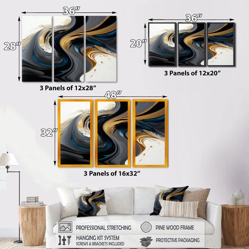 Noir, blanc et or liquide Art IV - ensemble d'art mural moderne sur toile, Cadre noir, H 28 po x l 36 po x P 1 po