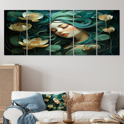 Green And White Woman With Flower On Face II - Woman Floral 5 Piece Wall Art Set