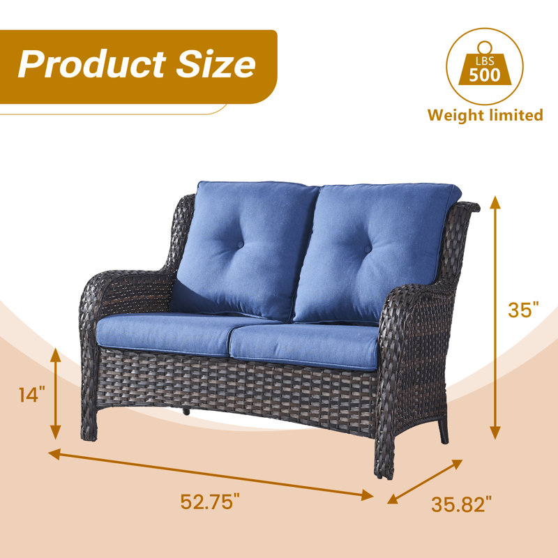Tonry 53'' Wide Rectangle Wicker Patio Sofa with Cushions, Blue, Brown