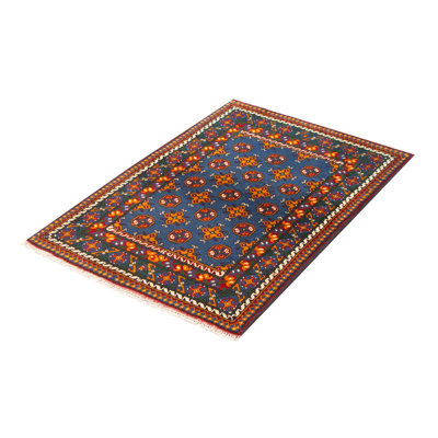 Tapis unique en laine noué à la main tribal bleu 3 pi 4 po x 4 pi 11 po