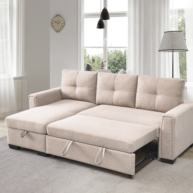 Upholstered L-Shaped Sectional Reversible, Beige Velvet