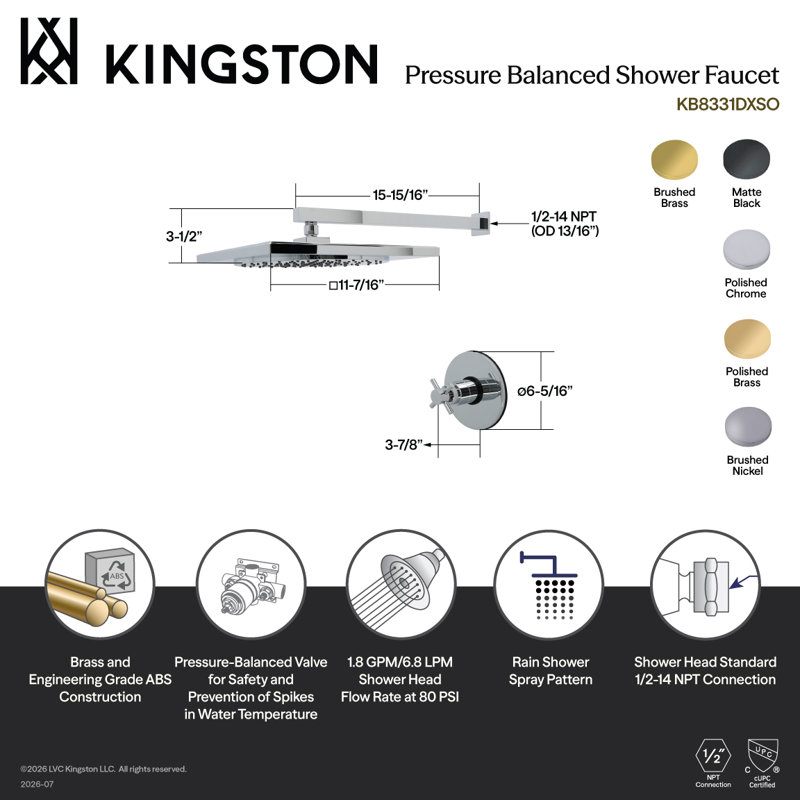 Robinet de douche Kingston à pression équilibrée à poignée simple Kingston Brass, Matte Black