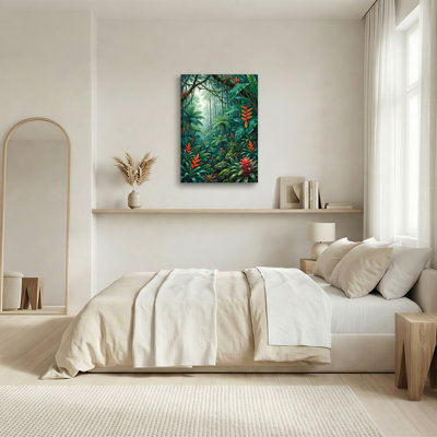 Art mural sur toile dense forêt tropicale avec fleurs orange et fougères vertes