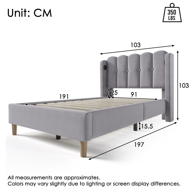 Grey Linen 3FT Single Upholstered Bed with USB & Type-C Charging Ports, Wooden Slatted Frame, 90x190 cm