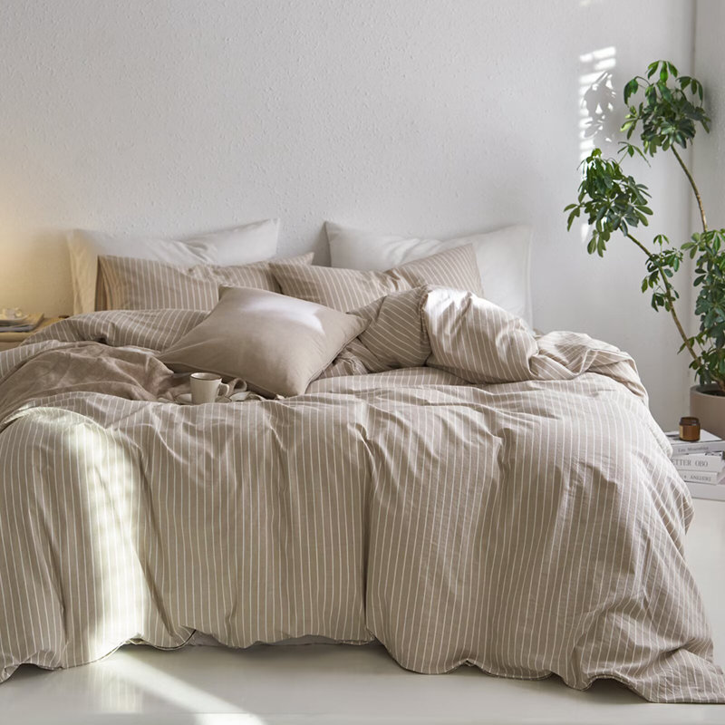 Striped Duvet Cover Set 100% Washed Cotton Linen Like Textured, Queen Duvet Cover + 2 Standard Pillowcases